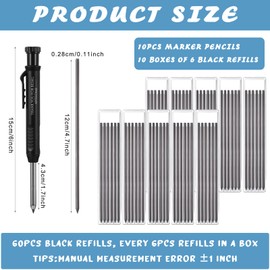 Colarr 10 Pcs Mechanical Carpenter Pencil with 60 Refill Deep Hole Mechanical Pencil Marker Construction Pencils with Sharpener Black Solid Woodworking Pencil for Carpentry Architect Father's Day Gift