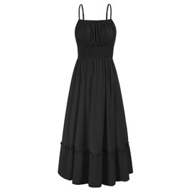 Summer Beach Dress for Womenr Maxi Dress Smocked Spaghetti Strap Flowy A Line Long Sun Dresses with Pockets Black M