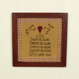 CVHOMEDECO. Primitives Vintage Love Never Ends Stitchery Frame Wall Mounted Hanging Decor Art, 11 x 11 Inch