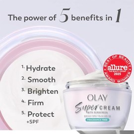 Olay Super Cream con protector solar SPF 30, hidratante facial ligero sin fragancia con protección solar, cuidado de la piel 5 en 1, hidratante, ilumi