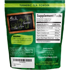 Organic Turmeric Tea Powder - Matcha Green Tea, Turmeric, Cinnamon, Ginger, Black Pepper - Natural Joint Support Supplement for Juice, Smoothie & Drinks - Vegan & Non-GMO - 30 Servings