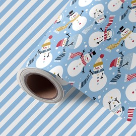 JarThenaAMCS Christmas Wrapping Paper -Mini Roll- 17in x 32.8Ft Blue Stripe Winter Snowmen Double-Sided Gift Wrap Paper for Xmas Holiday Party Wrapping Supplies