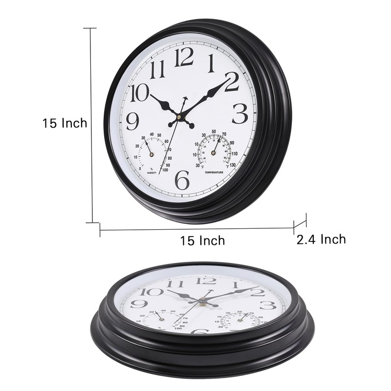 Vigorwise 15 Inch Outdoor Clock, Black Metal-Frame Outdoor Clocks Waterproof,