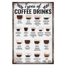 WADORN Vintage Coffee Menu Metal Tin Sign, Type of Coffee Drinks Retro Tin Sign Hanging Decor for Cafe Bar Decor Funny Coffee Knowledge Metal Wall Plaque Decor for Home Kitcken, 11.81x7.87 Inch