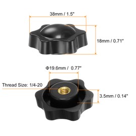 HARFINGTON 12pcs Star Knobs 1/4-20 Female Thread 1.5" (38mm) 6-Point Plastic Head Brass Insert Non-Through Hole Screw-in Threaded Hand Knob Clamping Handle, Black
