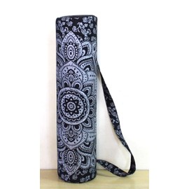 ICC Black Silver Mandala Full-Zip Exercise Yoga Mat Carry Bag Gym Beach Pilates Carrier Bags Hippie Mandala Indian Cotton Bag (Black Silver Flower)