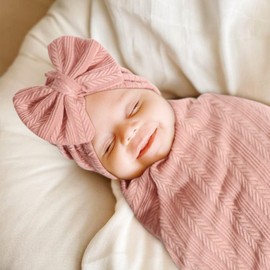 BQUBO Newborn Receiving Blanket Headband Hat Set for Baby, Unisex Baby Boys Girls Essentials, Newborn Registry Must Haves, Stroller Crib Shower Gifts