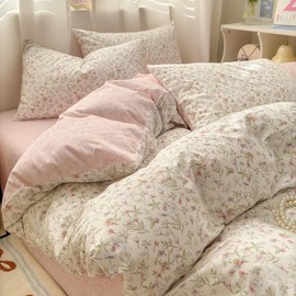 Covebett Bed Linen Cotton 135 x 200 cm Pink White Flowers Small Floral Pattern Duvet Cover Set Aesthetic Botanical Flower Meadow Floral Pattern Duvet Cover Zip and Pillowcase 80 x 80 cm