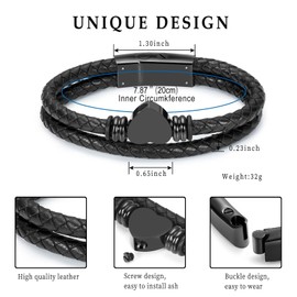 memorial jewelry Cremation Bracelet with Magnetic Clasp Beads Cowhide Leather Multi-Layer Braided Leather Urn Bracelet for Men Women, Stainless Steel, No gemstone