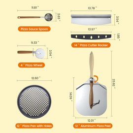 5 PCS 12 inch Aluminum Pizza Turing Peel Set, Metal Pizza Spatula with Foldable Wood Handle, Sauce Spoon & Pizza Rocker Cutter, Perfect set for Pizza Baking, Dough, Bread & Pastry, Giftbox packing.