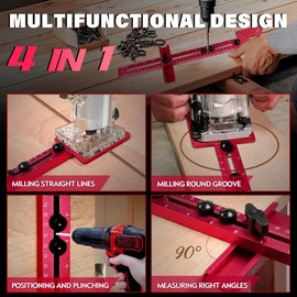 Sigerio 4 in 1 Router Milling Groove Bracket, Aluminum Alloy Router Circle Cutting Jig, Multifunctional Cabinet Hardware Jig and Router Guide, Adjustable Router Jig Tool for Woodworking (Rose Red)
