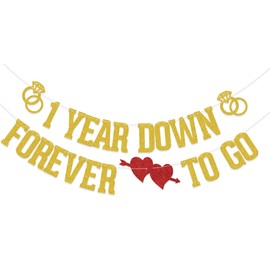 KEWUFD 1 Year Down Forever to Go Banner, Happy 1st Anniversary Party Decor Sign, Funny 1st Wedding Anniversary Party Decorations Supplies Gold Glitter