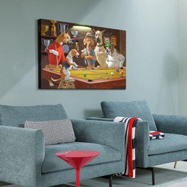 YONICA Wall Canvas Painting of Dogs Standing to Play Billiards, Art Decor Painting Picture Dogs Billiards Game Framed Stretched Printed on Canvas for Home Living Room Bedroom Office 32 X 24 Inches