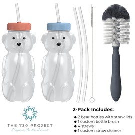 Honey Bear Straw Cup for Babies 2-pack with Bottle Brush; 8oz straw bear cup,improved lid design;honeybear baby cup straw;honey bear bottle cup.Straw learning therapy cup (Blueberry Pie/Firetruck)