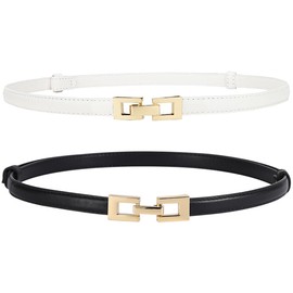 Doneboo Pack of 2 Skinny Belts, Slim Waist Belt for Women, Adjustable Thin Belt, Leather Belt with Gold Metal Buckle for Dress, White+Black