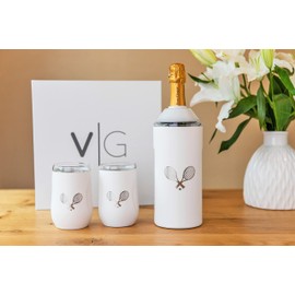 Vinglacé Wine Bottle Chiller Limited Edition Tennis Gift Set- Portable Stainless Steel Wine Cooler with 2 Stemless Wine Glasses, Tennis White
