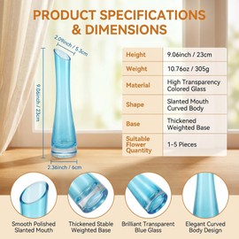 Happyupcity 9" Slanted Mouth Blue Glass Bud Vase, Single Stem Flower Vase