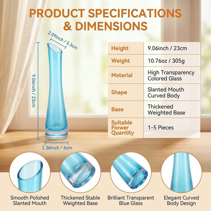 Happyupcity 9" Slanted Mouth Blue Glass Bud Vase, Single Stem