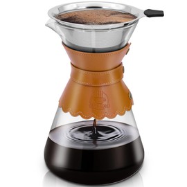 YMMIND 34oz Pour Over Coffee Maker with Double Layer Stainless Steel Filter, Borosilicate Glass Dripper, Detachable Heat-Resistant Leather Pad 7-8 Cups Coffee Maker Carafe（Light brown）