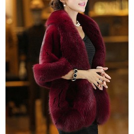 UMREN Women's Luxury Party Faux Fox Fur Long Shawl Cloak Cape for Winter Burgundy B