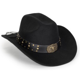 Vintage Western Cowboy Hat for Men Women - Wide Brim Cowgirl Fedora Hats with Horn-Band Black M