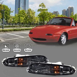 G-PLUS Front Bumper Turn Signal Lights w/Bulbs Driver and Passenger Side Compatible with Mazda MX-5 Miata 1990-1997 Halogen Smoky Lens Chrome Housing Amber Reflector 8BN151060 8BN151070