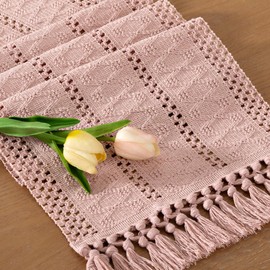 Socomi Boho Table Runner Fall Thanksgiving Farmhouse Rustic Dining Kitchen Centerpiece Decor Small Macrame Woven Cotton Linen Coffee Table Runner for Dresser Scarf Home Decor 12x36 inPink