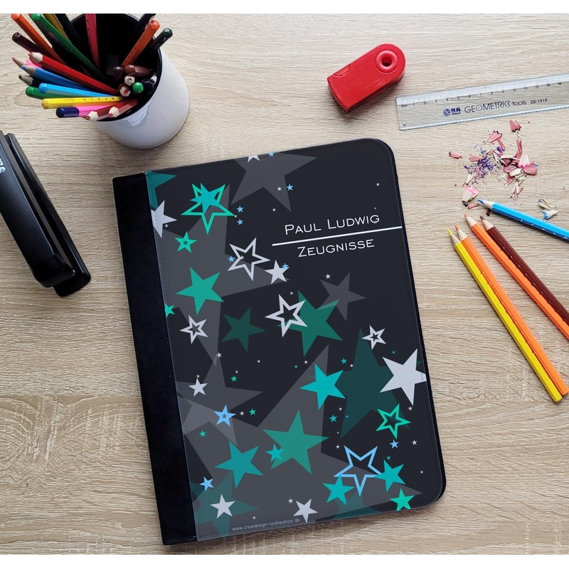 CreaDesign, Children's Certificate Folder with Name, Certificate Folder Stars Turquoise