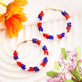 4th of July Earrings Patriotic Hoop Earrings for Women,American Flag Patriotic Earrings Red White Blue Polymer Earring Independent Day USA Circle Earring Holiday Jewelry (Style-E)