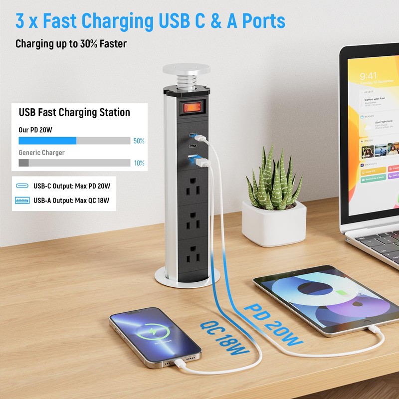 XBA 2-1/2" Pull Up Outlet for Countertop, USB-C PD 20W