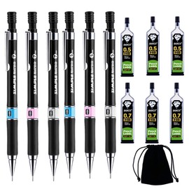 13 PCS Mechanical Pencil Set, 6 PCS HB Mechanical Automatic Pencils 6 Cases Pencil Lead Refills With Black Velvet Bag for Writing Drawing Signature (0.5 mm and 0.7 mm)