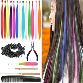 13 unidades/lote de extensiones de cabello sintético arcoíris de 20 pulgadas, piezas de cabello de colores, 50 microcuentas de silicona, 3 ganchos de 