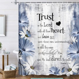 Rustic Farmhouse Blue Shower Curtain Bible Verse Inspirational Shower Curtain Country Farm Bright Navy Blue Daisy Flowers Butterfly Abstract Shower Curtain Set for Bathroom, 69X70IN