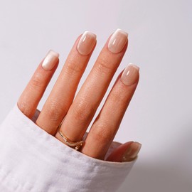 KQueenest Cat Eye Press On Nails Short, 30 Pcs Glitter Light Nude Press On Nails Square, Sparkly Fake Nails With Glue, Chrome Nails Press ons, Reusable Soft Gel Stick on Nail for Women Weddings