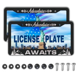 License Plate Frames for Men Black and White Car Plate Frames for Women Adventure Awaits Aluminum Metal Car Accessory 2 Pack with Screw Covers Set