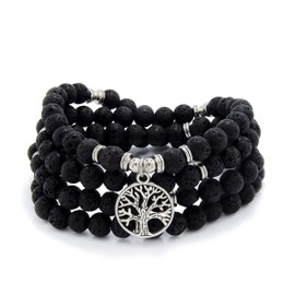 8mm Mala Beads 108 Meditation Bracelet Necklace with Tree of Life Charm (Lava)