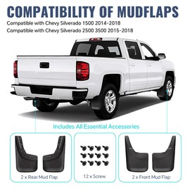 PIT66 4PCS Molded Mud Flaps Wheel Fender Mudguard, Compatible with Chevy Silverado 1500 2014-2018/ Silverado 2500 3500 2015-2018, All Weather Splash Guards W/Hardware Accessories Front & Rear