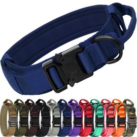 Joytale Tactical Dog Collar with Handle, Heavy Duty Military Dog Collar with 2 Patches for Training, Adjustable Tactical Collars for Large Dogs, Navyblue, L