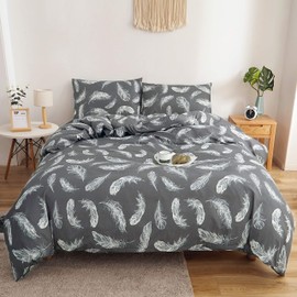 Adam Home Printed Duvet Cover Set (Feather Charcoal Super King)- Ultra Soft Printed Quilt Cover Set- 1 Duvet Cover & 2 Pillow Case-Luxurious Brushed Microfiber Comforter Cover Set-Bedding Set