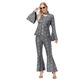 70s Disco Costume for Women - 1970s Disco Outfit with Wig, Earrings, glasses, Necklace, Headband, Sequin Top & Bell Bottoms (Silver, Large)