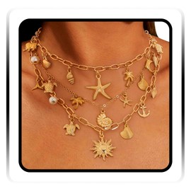 Navoky Seashell Starfish Necklace Women Layered Gold Charm Beach Choker Necklace Sea Shell Summer Jewelry for Vacation