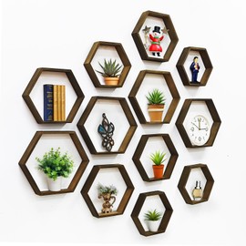 GUDELAK 12 Pcs Wooden Hexagon Shelves Floating Shelve, 3 Sizes Honeycomb Shelves for Wall Shelf Storage, Hexagon Floating Shelves for Wall Wedding Table Centerpiece Living Room Bedroom Office, Brown