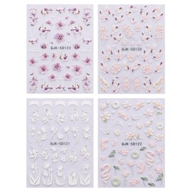 JMEOWIO 3D Embossed Flower Nail Art Stickers Decals Self-Adhesive 5D Spring Floral Summer Nail Supplies Nail Art Design Decoration Accessories 4 Sheets