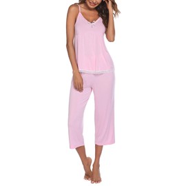Ekouaer Women's Capri Pajamas Sets Cotton Lounge Set Ladies V Neck Cami Pjs Set Pink XXL