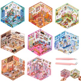 DUOHERESHUI 3D Miniature House Stickers, 8-Piece DIY 3D House Sticker Set, Creative, Stacking Scenes, from Home Construction, Cafe, Bakeries, with Tweezers, for Scrapbooking, Diary, for Adults and