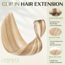 S-noilite 20 Inch Clip in Hair Extensions 100% Human Hair 8Pcs 18Clips Normal Weft Full Head Clip in Hair Extension for Women Straight Blonde Real Hair Extension(70g,12P613#Golden Brown&Bleach Blonde)