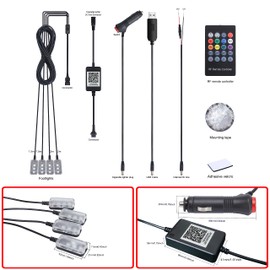 TABEN Car Footwell Lighting Kits, 64 Colours Multicoloured Atmosphere Light Music Sync Rhythm Sound Active Memory Function Wireless Remote Control and Bluetooth App Control DC 12V-24V