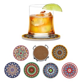 Mandala Drink Coasters with Holder, Set of 6 Ceramic Stone Absorbent with Cork Base for Table Protection, 4 Inch Round Fit for All Kinds of Cups and Mugs
