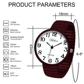 Blekon Collections New Super Large Face Stretch Band Japanese Movement PC21J Fashion Watch (Maroon)