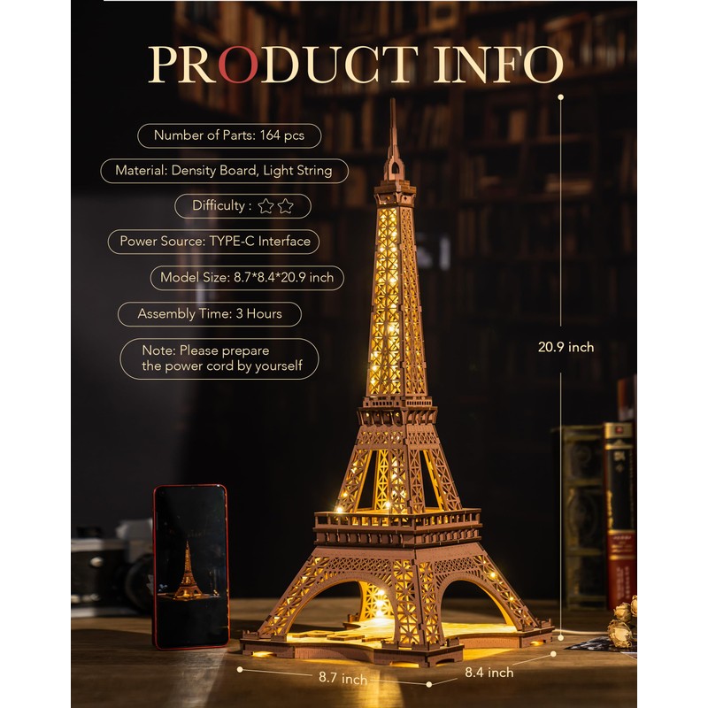 Rowood Eiffel Tower,3D Puzzle Model Kits for Adults,DIY 3D Wooden